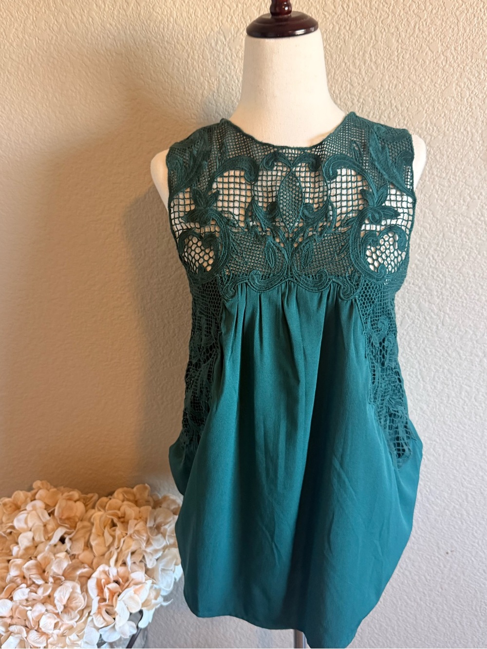 Chelsea28 Teal Crochet Yoke Sleeveless Top